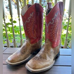 Old West Youth Unisex Square Toe Burnt Brown/Cloudy Red Leather Boots-Size 6.5D